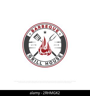 Badge de conception de logo de barbecue chaud, maison de gril rétro et illustration vectorielle d'icône de bar modèle d'emblème Illustration de Vecteur