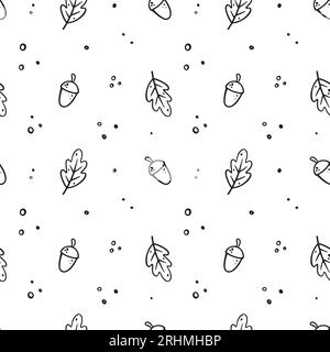 Glands dessinés à la main et feuilles de chêne. Modèle sans couture d'automne. Illustration florale vectorielle dans le style Doodle. Modèle sans couture de forêt d'automne isolé sur fond blanc. Design plat, dessin au trait Illustration de Vecteur