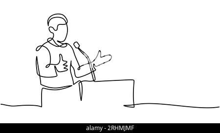 Dessin de ligne continu les gens donnent un discours sur le podium. Illustration vectorielle minimaliste. Homme parlant au public pendant l'événement. Illustration de Vecteur