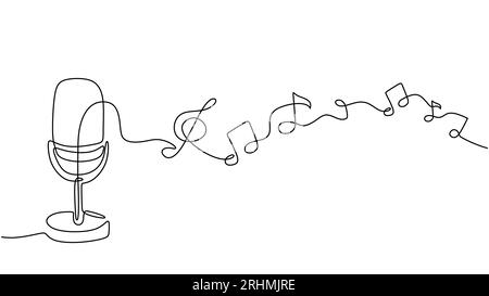 Une ligne dessin notes de musique et microphone, symbole d'illustration vectorielle minimaliste. Illustration de Vecteur