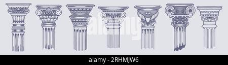 Colonnes grecques anciennes - illustrations de croquis vintage pour rétro design | Art vectoriel dessiné à la main de l'architecture classique et piliers ornés, décorati Illustration de Vecteur