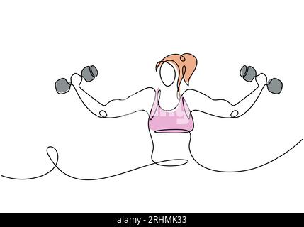 Exercice de femme avec haltère. dessin à une seule ligne. Entraînement à deux mains pour la force musculaire. Illustration de Vecteur
