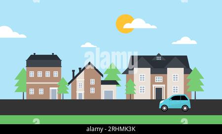 Quartier suburbain maisons paysage, illustration vectorielle décoration de petite ville. Illustration de Vecteur