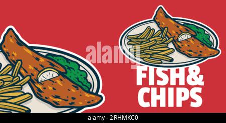 Fish and Chips - illustration vectorielle colorée de style Cartoon. Concept d'icône de fruits de mer isolé. Illustration de Vecteur