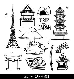 Icône du jeu de doodles de voyage au Japon. Dessin à la main de bâtiment de lieu japonais et esquisse d'objet. Illustration de Vecteur