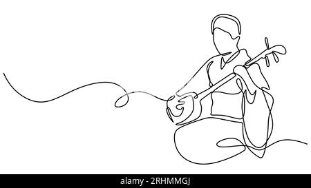 Musique traditionnelle japonaise, dessin continu d'une ligne. Femme jouant de l'instrument biwa. Illustration vectorielle dessinée à une main minimaliste, fol culturel Illustration de Vecteur