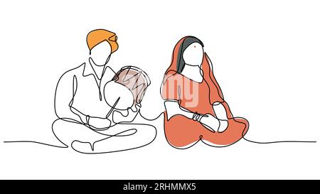 Lecteur de musique traditionnelle indienne. Dessin d'une ligne en continu dessiné à la main. Un homme et une femme chantent et jouent des chansons folkloriques. Illustration de Vecteur