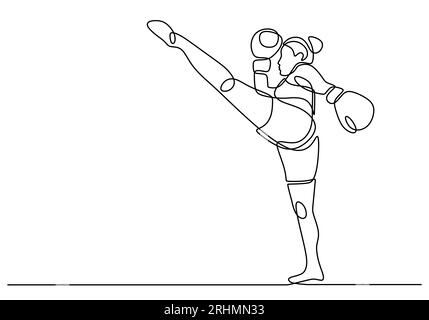 Boxer dessin d'une ligne, entraînement de kick de combattant de fille continue dessiné à la main, illustration vectorielle. Exercice de fitness de sketch de kickboxing de femme forte. Illustration de Vecteur