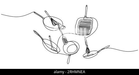 Continu une seule ligne d'ustensiles de cuisine comme pot, couteau, spatule, poêle isolé sur fond blanc. Illustration de Vecteur