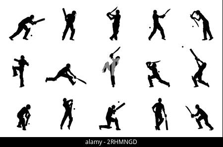 Cricket player silhouette, men's cricket batsman and male cricket player silhouette on white background. Stock Vector