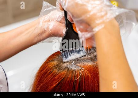 Le travail d'un maître de la coloration capillaire. Le processus de coloration rouge des cheveux. Les mains du maître en gants de protection appliquent une brosse aux racines des cheveux wi Banque D'Images