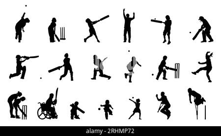 Garçon, fille et désactiver silhouette de joueur de cricket Illustration de Vecteur