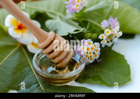 Cuillère à miel avec du miel et une fleur de frangipanier et de lantana Banque D'Images