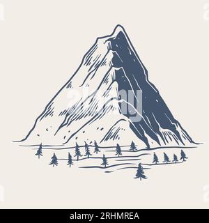 Main tiré de la grande montagne rocheuse avec de petits pins dans les montagnes. Parfait pour bannière, affiche et autocollant. Illustration de Vecteur