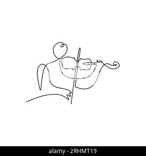 Une seule ligne continue d'homme abstrait jouant du violon avec des notes de musique isolées sur fond blanc. Illustration de Vecteur