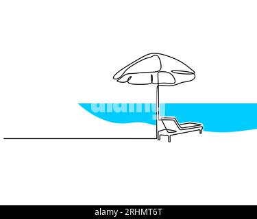 Une seule ligne continue de parasol et chaise sur la plage isolé sur fond blanc. Illustration de Vecteur