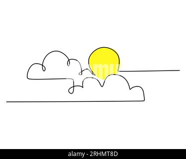 Une seule ligne continue de lever du soleil du nuage de ciel isolé sur fond blanc. Illustration de Vecteur