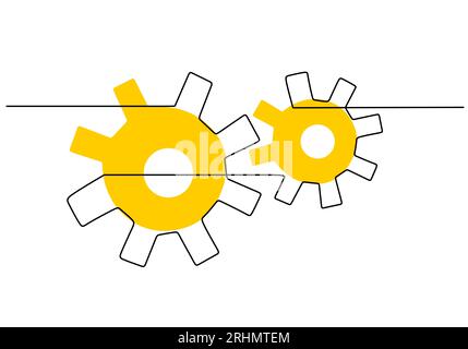 Continue une seule ligne de deux engrenages jaunes symbole du travail d'équipe isolé sur fond blanc. Illustration de Vecteur