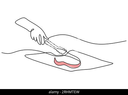 Continu une seule ligne de cuisson à la main de viande de vache pour être un steak isolé sur fond blanc. Illustration de Vecteur