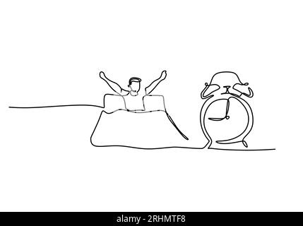 Une seule ligne continue d'homme se réveiller avec réveil à côté de lui isolé sur fond blanc. Illustration de Vecteur
