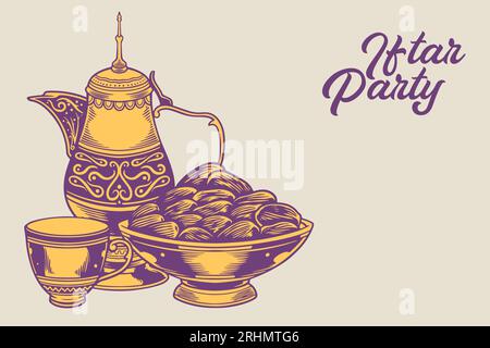 Dessiné à la main d'iftar partie ramadan kareem éléments comme ornements islamiques avec des plats arabes traditionnels isolés sur fond violet clair. Illustration de Vecteur