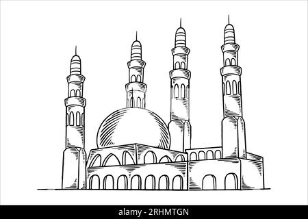 Dessiné à la main ou croquis de la grande mosquée comme élément ornemental islamique pour le ramadan isolé sur fond blanc dans le style noir blanc. Illustration de Vecteur