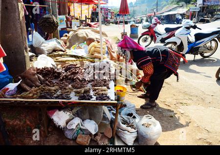 Mode de vie de l'étalage de colporteur tribu traditionnelle Akha et tribu hmong vendant des produits indigènes et des biens de sagesse dans le marché local de bazar à Doi Mae S. Banque D'Images