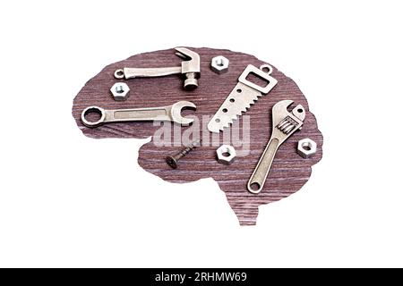 Assortiment de répliques miniatures d'outils à main essentiels et de fixations disposées sur un fond en bois à l'intérieur d'une figure en forme de cerveau. Banque D'Images