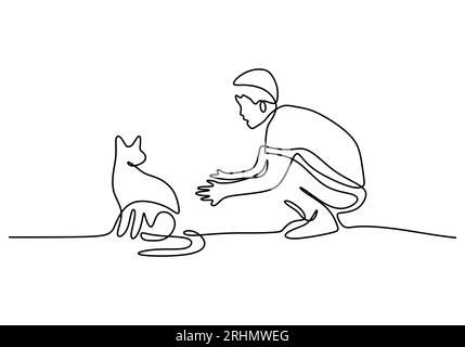 Une seule ligne continue de petit garçon jouant avec le chat mignon isolé sur fond blanc. Illustration de Vecteur