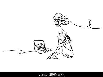 Une seule ligne continue de femme triste assise dans l'ordinateur portable devant isolé sur fond blanc. Illustration de Vecteur