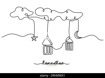 Une seule ligne continue de lanternes et d'étoiles suspendues dans les nuages avec le mot ramadan isolé sur fond blanc. Illustration de Vecteur