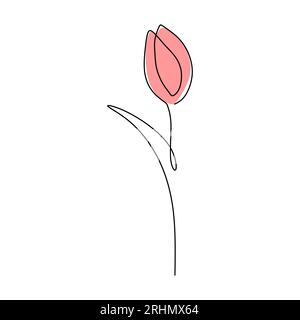 Une seule ligne continue de fleur de printemps de tulipe avec la couleur rouge isolé sur fond blanc. Illustration de Vecteur