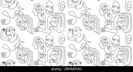 Motif sans couture d'art de ligne de visage moche abstrait. Dessin d'une ligne avec contour dessiné à la main illustration vectorielle, prêt pour l'impression et l'emballage textile. BLAC Illustration de Vecteur