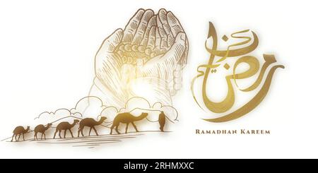 Ramadan Kareem carte de voeux avec l'homme apporter groupe de chameaux, prière à la main et calligraphie islamique. Illustration de Vecteur