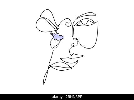 Une seule ligne continue de femme abstraite, fleur et papillon isolé sur fond blanc. Illustration de Vecteur