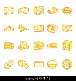 Types de fromages сolor icônes de ligne définies. Pictogrammes pour page Web. Illustration de Vecteur