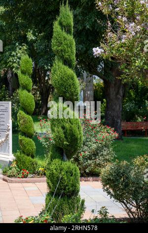 Sculpture d'arbre topiaire dans un jardin du parc de la paix à Ghajar (arabe : غجر, aussi Rhadjar), hauteurs du Golan, Israël Banque D'Images