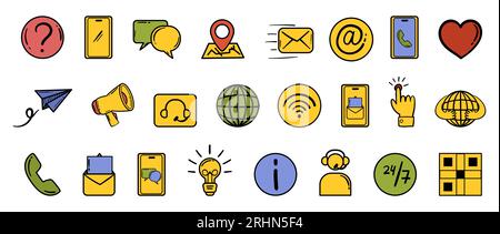 Contactez-nous collection d'icônes en ligne de doodle dessinée à la main et style de couleur. Vector Set avec des symboles de support client - chat, email, téléphone et autres. Illustration de Vecteur