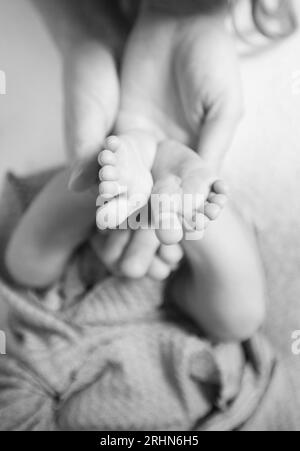 Pieds nouveau-nés dans les mains des mères, noir et blanc Banque D'Images