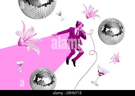 Photo 3d disco ball collage décoration sautant pensionné gentleman partie microphone karaoké isolé sur fond de cocktails de fleurs roses Banque D'Images