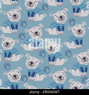 Vector Seamless modèle avec des petits mignons portant un tshirt bleu avec des pattes sur fond bleu. Parfait pour le modèle d'enfants pour les garçons. Simple motif de chiot mignon chiot dans le style dessiné à la main. Illustration vectorielle Illustration de Vecteur