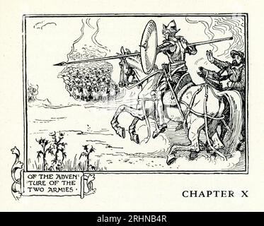 Don Quichotte de la Mancha, aventure des deux armées, chargeant un troupeau de moutons, par Walter Crane, Don Quichotte est un roman épique espagnol de Miguel de Cervantes. Banque D'Images