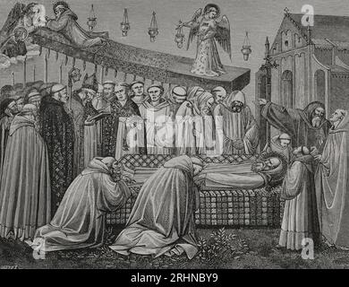 Benoît de Nursie (480-547). Moine chrétien italien. Fondateur de l'ordre bénédictin. Benoît meurt entouré de ses disciples le 21 mars 547, dans l'abbaye de Montecasino. Funérailles de Saint Benoît. Gravure de Huyot d'après une fresque de Spinello Aretino dans l'église de San Miniato al Monte, Florence, Italie, 1388. « Vie militaire et religieuse au Moyen Age et à l'époque de la Renaissance ». Paris, 1877. Banque D'Images