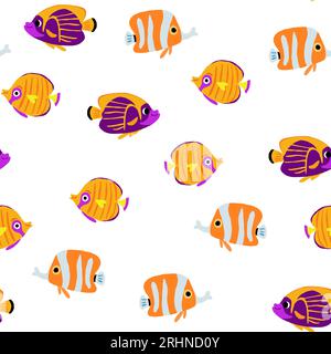 Modèle sans couture vectoriel avec de beaux poissons exotiques, collection de poissons coraux Reafs. Motif tropical exotique sur fond blanc. Imprimé Hawaii Resort avec des poissons colorés. Illustration vectorielle Illustration de Vecteur