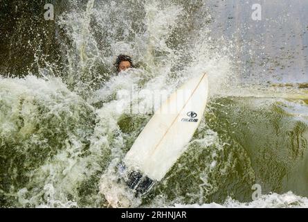 18 août 2023, Bavière, Munich : un surfeur tombe dans l'eau de la vague de surf Floßlände près de la rivière Isar dans le sud de la capitale bavaroise après un tour sur sa planche. Photo : Peter Kneffel/dpa Banque D'Images