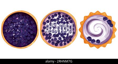 Homemde tarte, tarte vue de dessus entier avec yaourt ou crème une boulangerie ronde aux myrtilles, dessert vue de dessus dans le style de bande dessinée isolé sur fond blanc. Illustration vectorielle Illustration de Vecteur