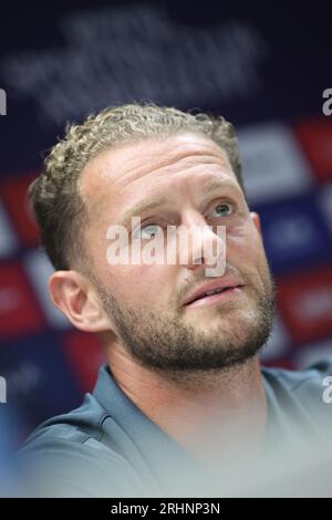Bruxelles, Belgique. 18 août 2023. Le nouveau joueur d'Anderlecht Mats rites photographié lors d'une conférence de presse du club de première division RSC Anderlecht, vendredi 18 août 2023 à Bruxelles, pour discuter de leur prochain match dans les championnats de Belgique. BELGA PHOTO VIRGINIE LEFOUR crédit : Belga News Agency/Alamy Live News Banque D'Images