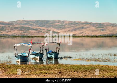Bateaux d'excursion décorés dans le lac Isikli à Civril, Denizli Banque D'Images