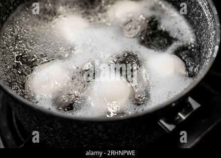 Les œufs de poulet sont bouillis dans une casserole en acier sur la cuisinière intégrée. Œuf bouilli Banque D'Images