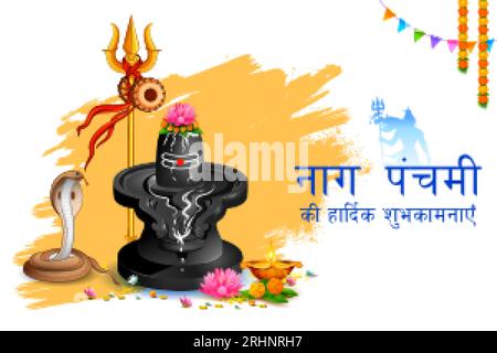 Serpent Nag avec Shiv Linga pour la célébration traditionnelle du festival indien hindou avec message texte hindi signifiant Happy Nag Panchami Illustration de Vecteur